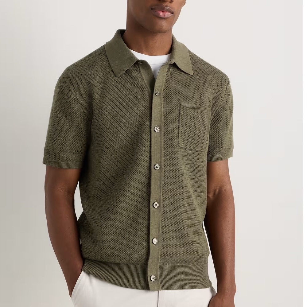 Quince Mesh-Stitch Button-Up Sweater Polo Bayberry Olive Large New With Tags